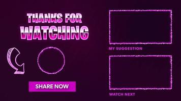 roze gloeiende eindscherm-outro-animatie voor je gamekanaal. bedankt voor het kijken video