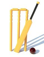 bate de madera y cuero rojo pelota de cricket 3d render ilustración foto