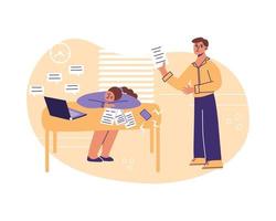 Burnout concept. Tired, frustrated, exhausted office worker. Flat vector illustration of fatigue at work.