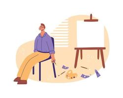 Burnout concepts. Tired, frustrated people, exhausted men. Artist without inpiration, creativity crisis. Flat vector illustration of fatigue at work.