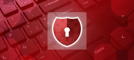 Keyboard background with red lights and security shield attacked. Internet of things. Cyber security concept. Protection and privacy. Business technology. photo