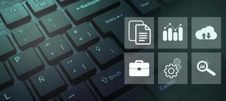 Keyboard with digital administration interface. Document Management System Concept. Corporate business technology. Online documentation database and process automation to efficiently manage files. photo