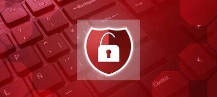 Keyboard background with red lights and security shield attacked. Internet of things. Cyber security concept. Protection and privacy. Business technology. photo