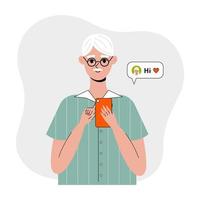 Old man use mobile phone. Nice elderly male character using dating apps, social media. Communicate in net for older person. Cute vector illustration in flat style.