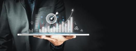 Stock Market Investments Funds and Digital Assets. businessman analyzing forex trading graph financial data from tablet. business finance technology and investment concept, technology Business finance photo