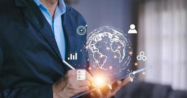 Businessman using mobile smart phone. Business global internet connection application technology and digital marketing, Financial and banking, Digital link tech, big data. photo