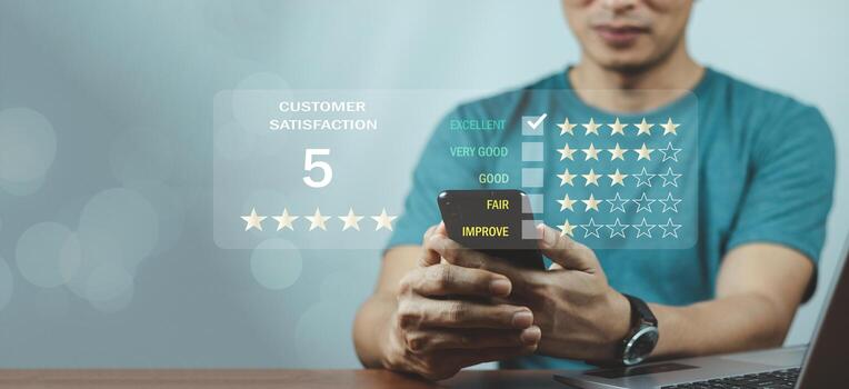 Customer review satisfaction feedback survey concept, User give rating to service experience on online application, Customer can evaluate quality of service leading to reputation ranking of business. photo