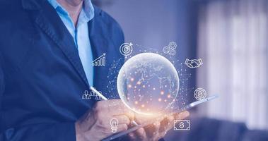 metaverse. Business global internet connection application technology and digital marketing, Financial and banking, Digital link tech, big data. photo