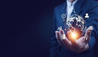 Businessman using mobile smart phone. Business global internet connection application technology and digital marketing, Financial and banking, Digital link tech, big data. photo