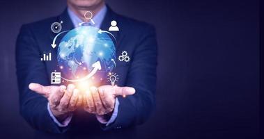 Businessman using mobile smart phone. Business global internet connection application technology and digital marketing, Financial and banking, Digital link tech, big data. photo