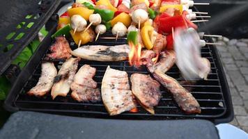 espetos de carne de porco, peixe e frango chiando no churrasco, em câmera lenta, filme de brian holm nielsen video