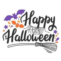 Happy Halloween lettering bats witch broom spider and spider web vector illustration