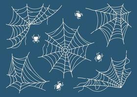 Spider web set isolated on dark blue background vector illustration