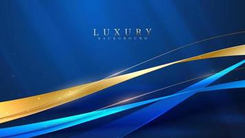 Blue luxury background with gold ribbon decoration and glitter light effect elements. vector