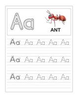 hojas de trabajo de práctica de rastreo de alfabeto colorido para niños, a es para hormiga vector