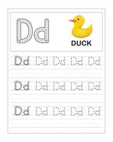 Children's Colorful Alphabet tracing practice worksheets, D is for Duck vector