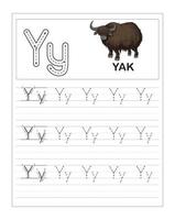 Children's Colorful Alphabet tracing practice worksheets, Y is for Yak vector