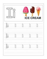 Children's Colorful Alphabet tracing practice worksheets, I is for Ice Cream vector