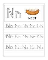 Children's Colorful Alphabet tracing practice worksheets, N is for Nest vector
