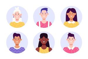 conjunto de avatar de cara de círculo. colección de retratos masculinos y femeninos multirraciales para iconos de perfil. ilustración vectorial plana. vector