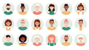 Set of circle face avatar. Collection of multiracial male and female portraits for profile icons. Flat vector illustration.