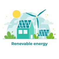 Renewable, sustainable and energy source. Wind mills, solar panels and house station. Green energy and ecology concept. Flat vector illustration.