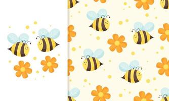 Cute bees with flowers on the backdrop. Kids card template and seamless background pattern. Flat cartoon style fabric surface design. vector