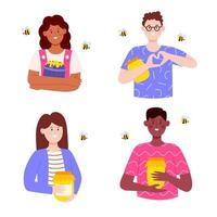 Set of people with a jar of honey. Male and female characters. Flat vector illustration isolated on white background.