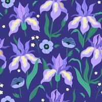 patrón impecable con flores de iris y ranunculus. gráficos vectoriales