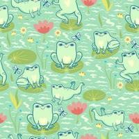 Seamless pattern with frogs in the pond. Vector graphics.