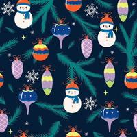 Seamless pattern with Christmas decorations and fir branches. Vector graphics.