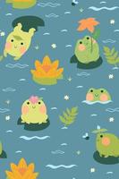 Seamless pattern with cute frogs and water lilies. Vector graphics.