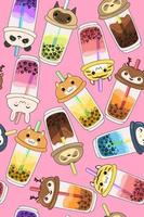 Seamless pattern with kawaii bubble tea with animal faces. Vector graphics.