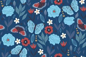 Seamless pattern with butterflies and flowers on a blue background. Vector graphics.