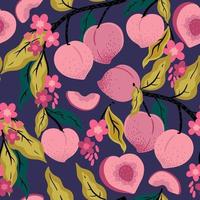 Seamless pattern of peaches on a branch. Vector graphics.