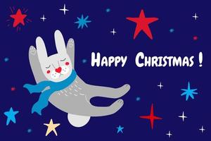 Funny rabbit in a red scarf sleeps against the background of the starry sky vector
