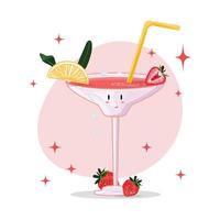 Funny cartoon cocktail character with strawberry and lemon. Summer holiday background. Cute pink cocktail in flat cartoon style. vector