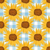 Seamless pattern with sunflowers on plaid background. Wrapping paper pattern. Watercolor vector. vector