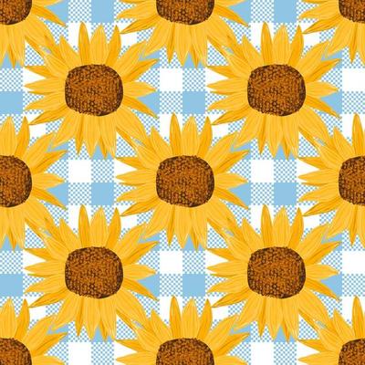 Seamless pattern with sunflowers on plaid background. Wrapping paper pattern. Watercolor vector.