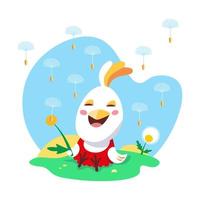 Funny chicken plays with dandelion in meadow. Nature in summer. Vector color illustration. Picture for design of posters, cards, puzzles.