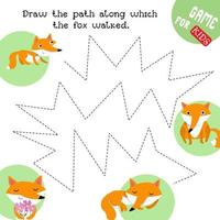 Educational game for children. Draw paths. Handwriting practice. Fox on walk in forest. Vector illustration.