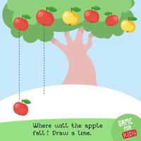Educational game for children. Draw paths. Handwriting practice. Apple tree in the garden. Vector illustration.