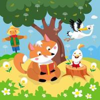 Fox reading book, chicken blow on dandelion. Vector color illustration. Picture for design of posters, books, puzzles.