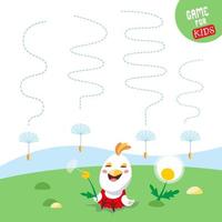 Educational game for children. Draw the paths. Handwriting practice. Colored cartoon chicken and dandelion. Vector illustration.