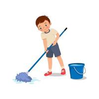 lindo niño fregando el suelo con fregona y balde haciendo tareas domésticas en casa vector