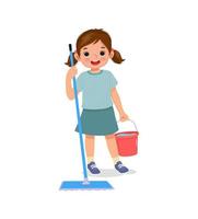 Happy little girl holding mop and bucket cleaning floor doing housework chore vector