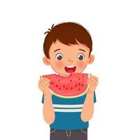 Cute little boy eating watermelon on sunny day in summertime vector