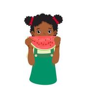 cute little African girl eating and holding watermelon on sunny day in summertime vector