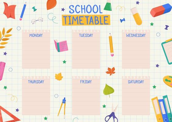 Cute childish school timetable, weekly classes schedule for kids with school supplies. Printable planner, diary for student. Stationery set for children. To Do List.