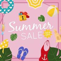 Summer sale web banner design. Summer sale discount text with beach elements like swimsuit, beach ball and flip flops for summer seasonal promotion for banners, wallpaper, flyers, invitation, posters vector